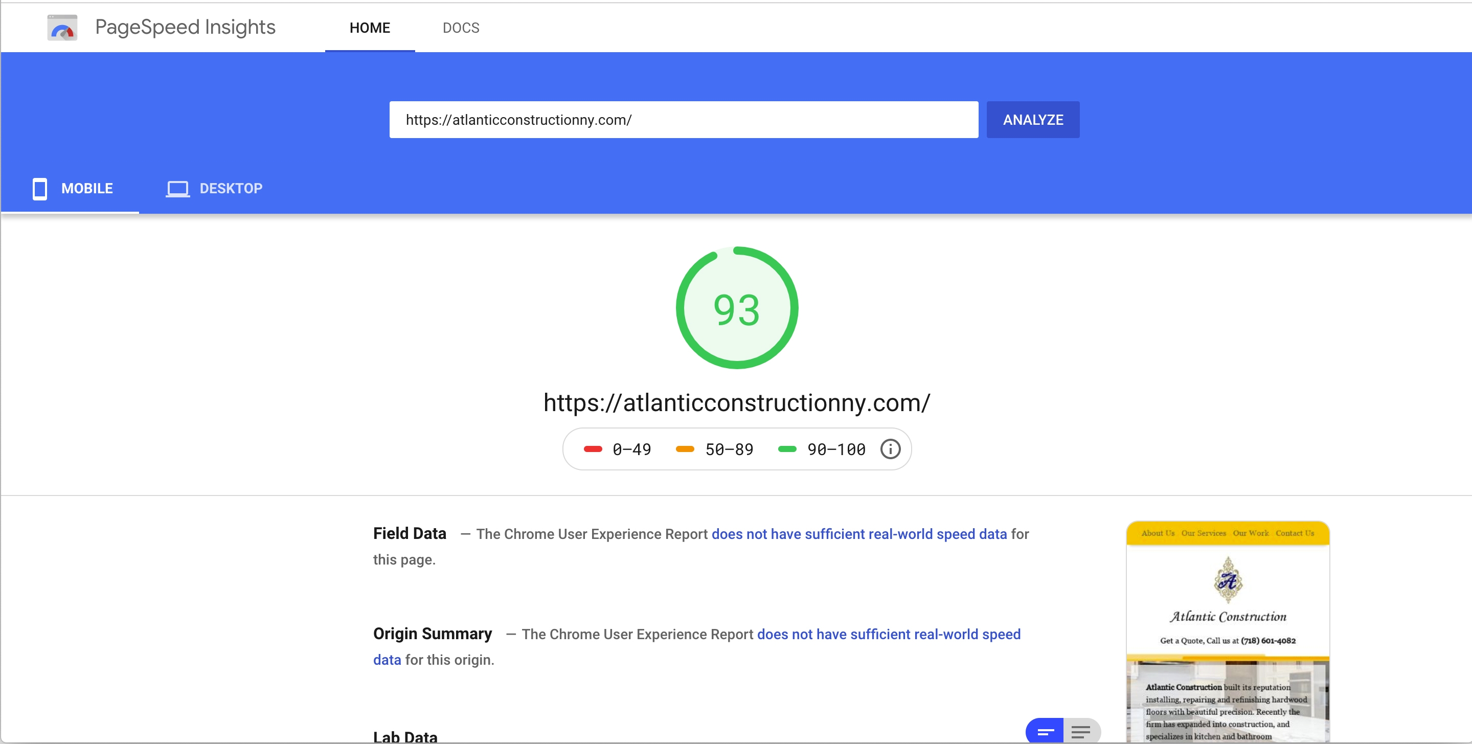 Atlantic Construction Google Page Speed
